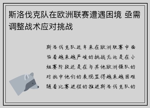 斯洛伐克队在欧洲联赛遭遇困境 亟需调整战术应对挑战