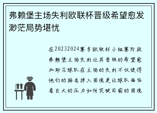 弗赖堡主场失利欧联杯晋级希望愈发渺茫局势堪忧