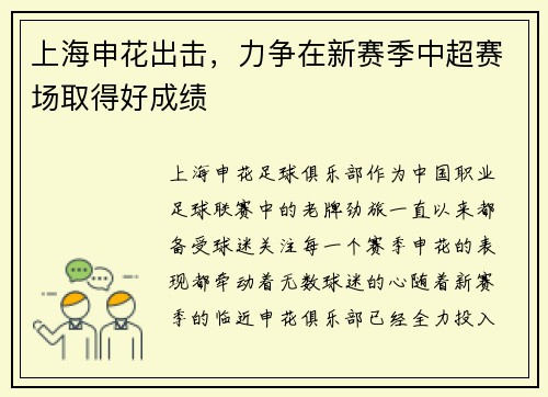 上海申花出击，力争在新赛季中超赛场取得好成绩