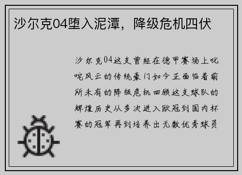 沙尔克04堕入泥潭，降级危机四伏