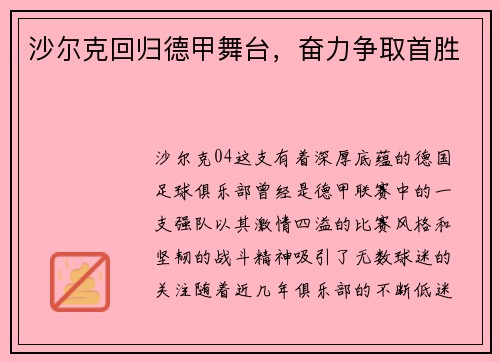 沙尔克回归德甲舞台，奋力争取首胜