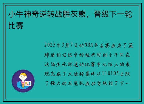 小牛神奇逆转战胜灰熊，晋级下一轮比赛