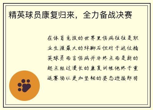 精英球员康复归来，全力备战决赛