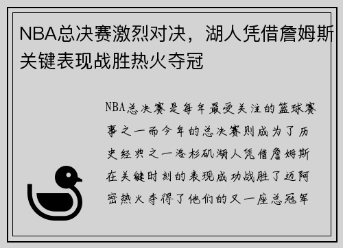 NBA总决赛激烈对决，湖人凭借詹姆斯关键表现战胜热火夺冠